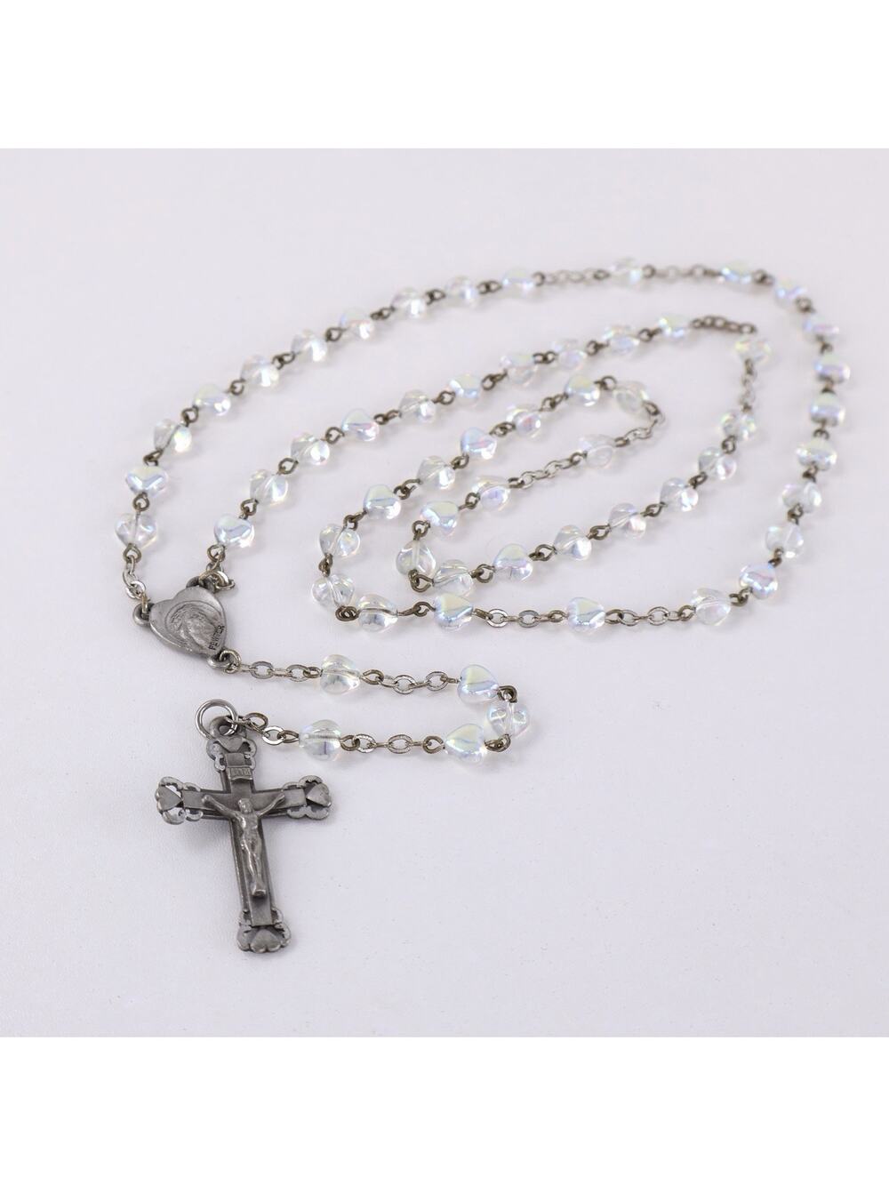 Vintage Pewter Rosary Aurora Heart Beads Jesus Mary Medal INRI Crucifix